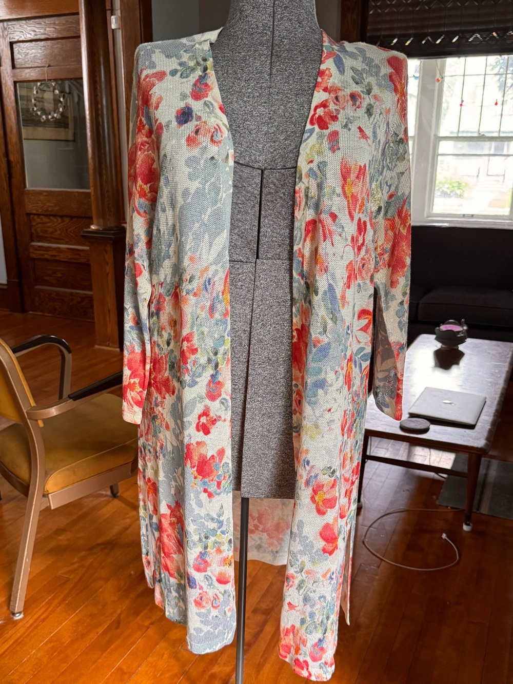 J Jill Linen Blend Long Knit Open Cardigan Duster Floral in EUC Size XL